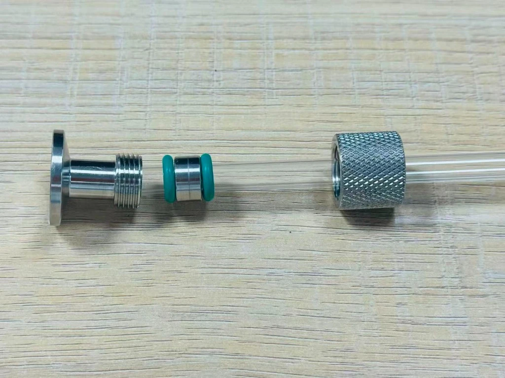 Exploded view of the precision quartz tube sealing adapter showing flange, dual fluororubber O-rings, and knurled collar